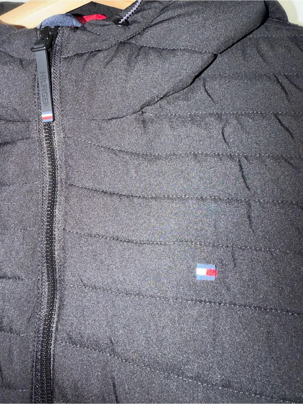 Tommy Hilfiger THFLEX Men’s Hooded Puffer Jacket Full Zip XL Black/Red NWOT